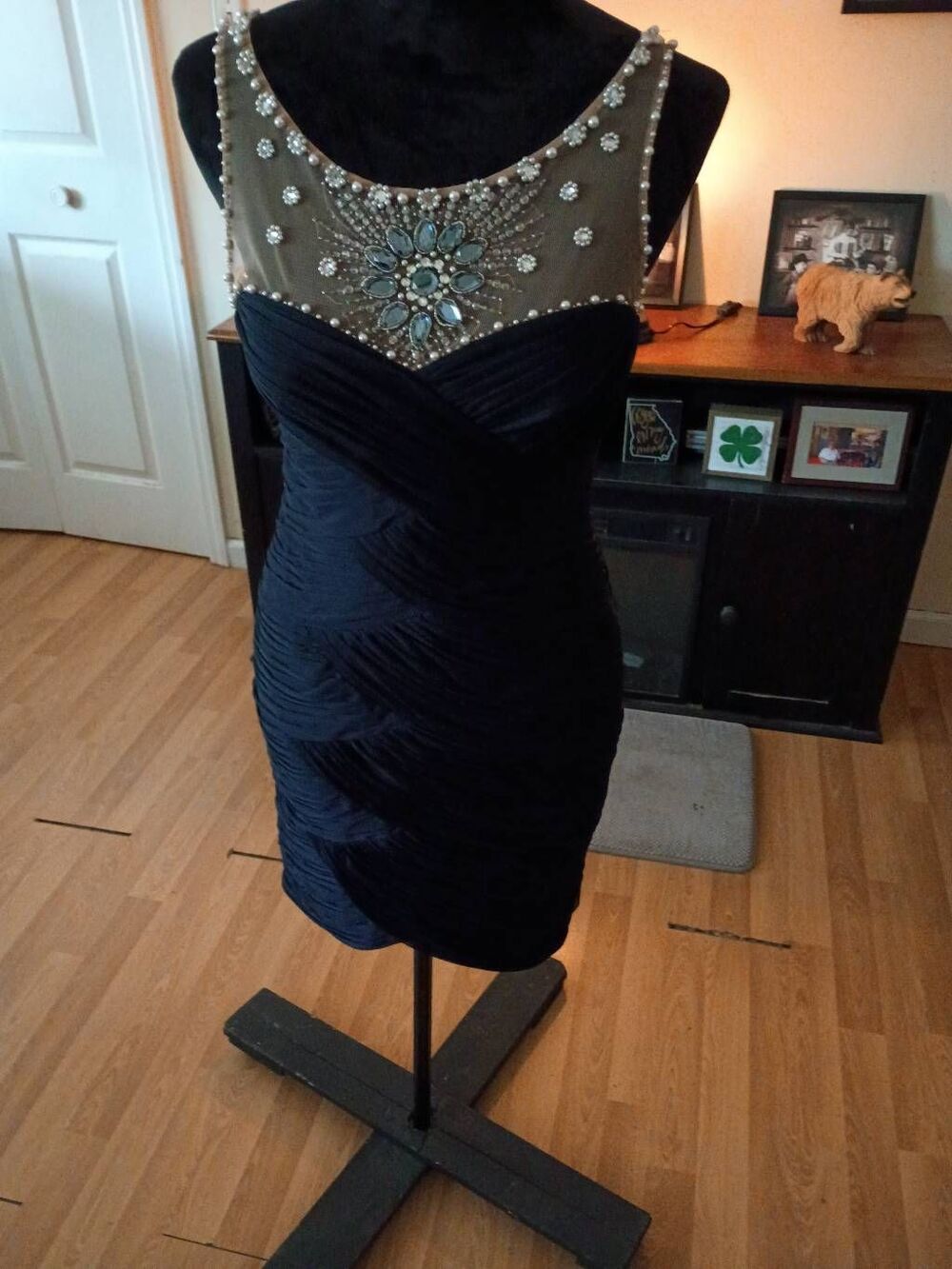 Size 4 Adrianna Papell Illusion Beaded Jeweled Shirred Ruched Party Mini Dress